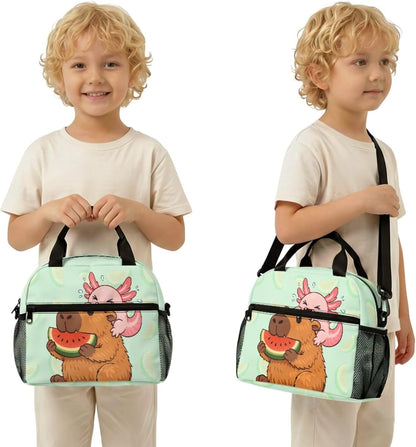 Cute Capybara Pizza Backpack for Girls, 5 Pcs Boys School Bag Set for Kids, 17 Inch Backpacks Lunch Pencil Box Reusable Utensils Case Set for Middle Elementary School, 3rd Grade Backpack