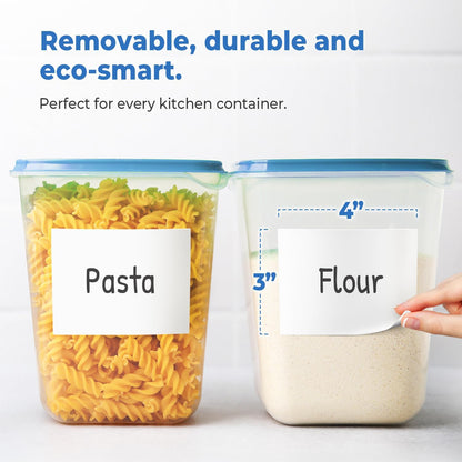 MESS Removable Food Labels for Containers (96-Pack) 1x3 & 1.5" Erasable Kitchen Labels for Organizing, Freezer & Fridge, White Dry Erase Labels for Jars