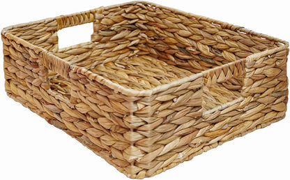 Rectangular Wicker Shelf Basket, Square Water Hyacinth Woven Storage Basket | Three-sided handle design, Natural water hyacinth material, Suitable for the living room, storage room, vanity, and wardrobe