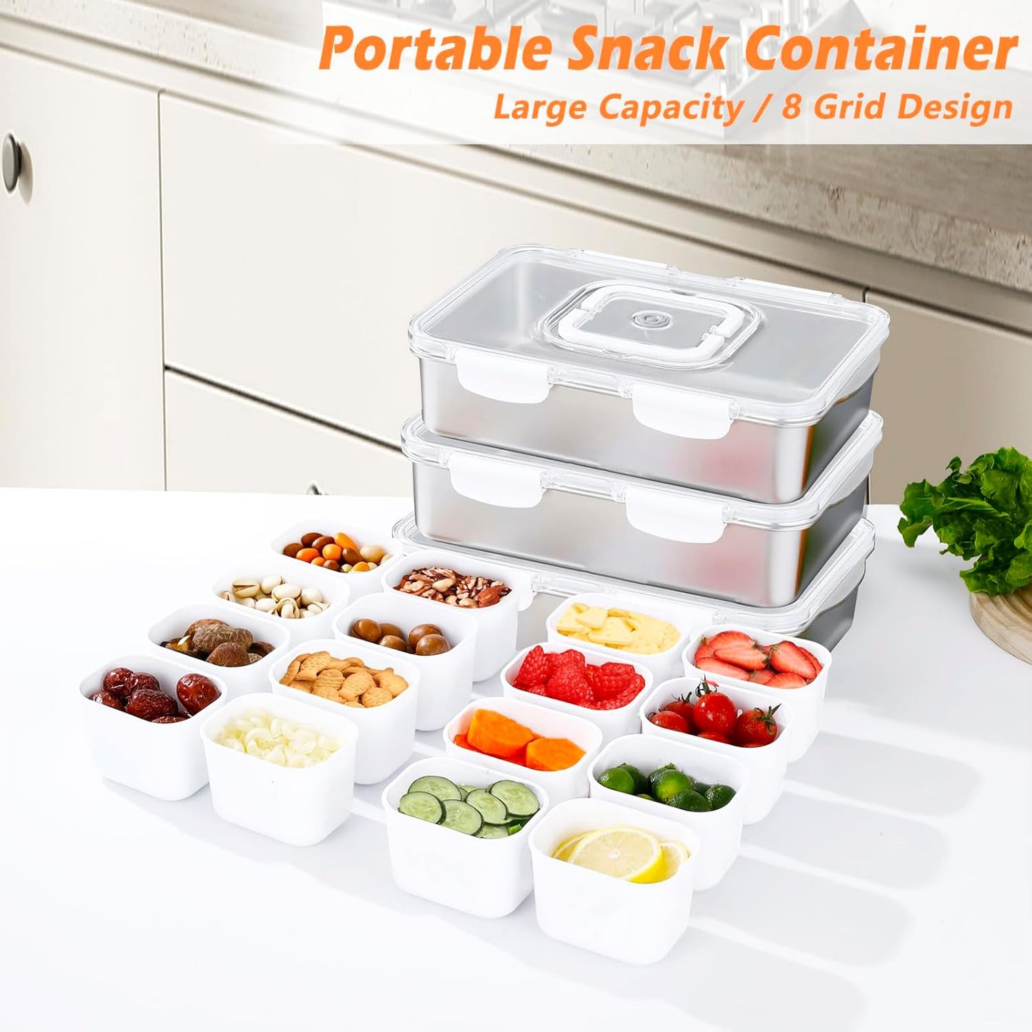 Snackle Box Container,Dishwasher Safe Snack Tray with Lid,Stainless Steel Divided Serving Tray with Lid,8 Compartments with Transparent Lids,Perfect for Travel Party