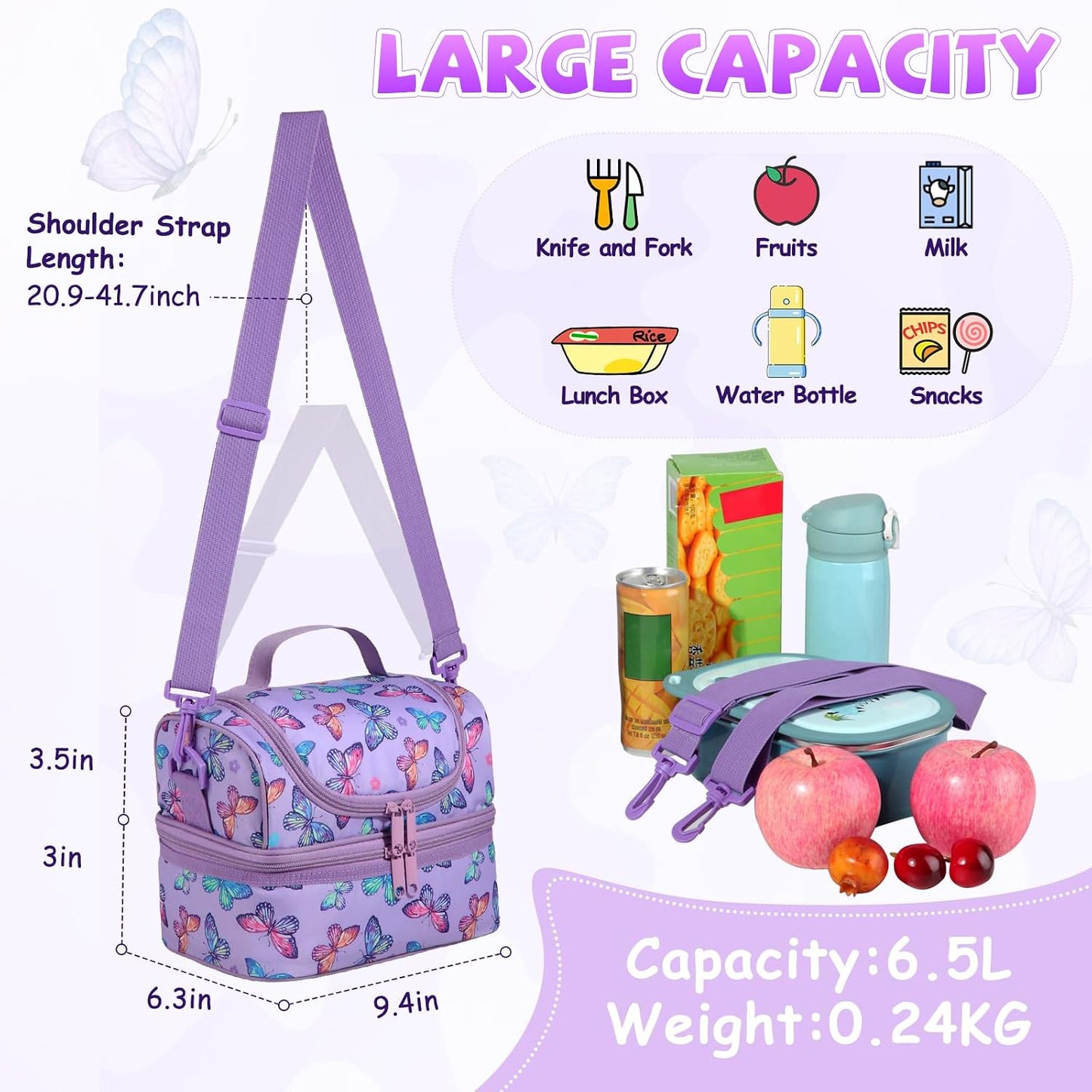 Lunch Bag for Girls,ChaseChic Insulated Lightweight Lunch Boxes for Kids Boys Dual Compartment Lunch Organizer Leak-Proof Cooler Bag with Detachable Adjustable Shoulder Strap,Purple Butterflies