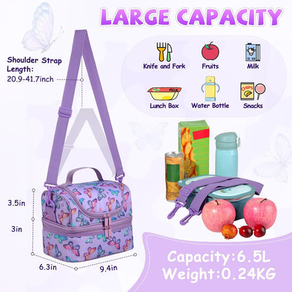 Lunch Bag for Girls,ChaseChic Insulated Lightweight Lunch Boxes for Kids Boys Dual Compartment Lunch Organizer Leak-Proof Cooler Bag with Detachable Adjustable Shoulder Strap,Purple Butterflies