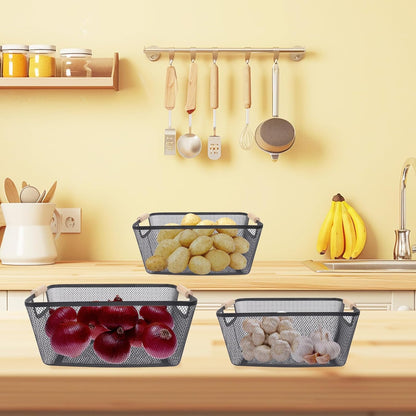 Potato and Onion Storage Bin, 2 Set Potato Bin Storage and Onion Container with Wooden Handle, Pantry Kitchen Organization and Storage, Metal Mesh Baskets for Fruit, Vegetable, Produce-White