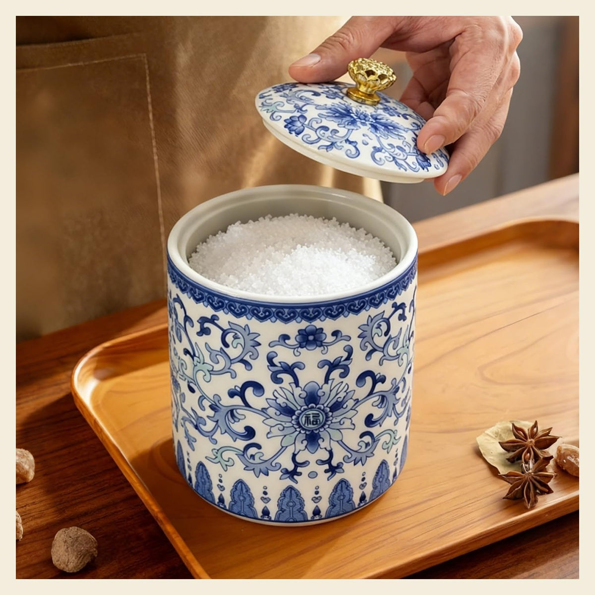 Vintage Blue White Salt Cellar with Lid - Airtight Ceramic Jar
