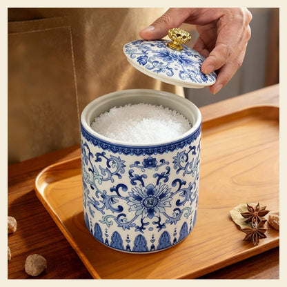Vintage Blue White Salt Cellar with Lid - Airtight Ceramic Jar