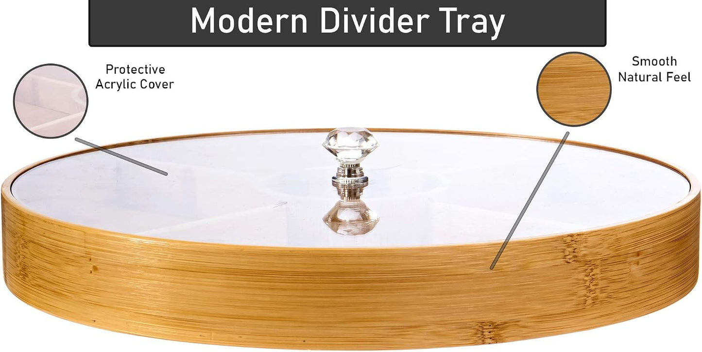 Divided Serving Tray - Bamboo with Acrylic Glass Lid - Appetizer Party Platter - Perfect for Serving Dishes, Serving Platters, Chip and Dip Tray, Veggie Tray, Or Taco Toppings Serving Tray Circle 12"