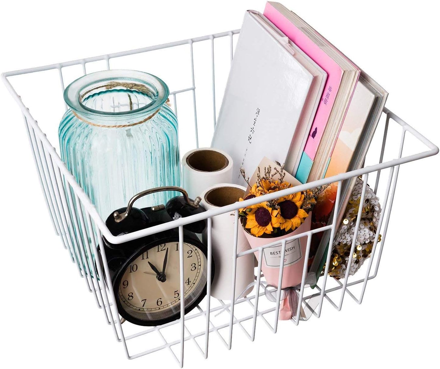 16inch Farmhouse Freezer Wire Baskets Organizer Storage Bins Large Organizer Baskets with Handles for Storage, Office, Kitchen, Pantry, Cabinet, Closets - Set of 6 (White 6)