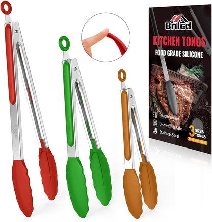 Good Grip Cooking Tongs with Silicone Tips, Set of 3-7" 9" and 12" | 600ºF Heat Resistant, 5-Layer Heavy Duty Stainless Steel, Pull Lock, Non Stick - Kitchen Tongs for Salad, Cooking and Frying