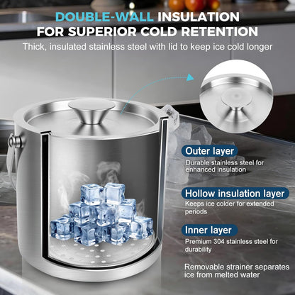 Ice Buckets for Parties 3L (101 fl oz) - 6PC Stainless Steel Ice Bucket with Lid, Scoop, Tongs & Beer Wine Opener – Double-Wall Insulated Bar Ice Bucket for Cocktail Bar & Outdoor Events