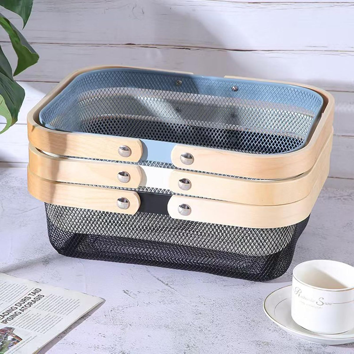 AJIODA Metal Mesh Steel Basket, Storage Organizer Basket Garden Harvest Basket Multi-functional Kitchen Fruit Baskets Bin with Wooden Handle for Bathroom Picnic Shopping Decor Cabinet Home, Pink