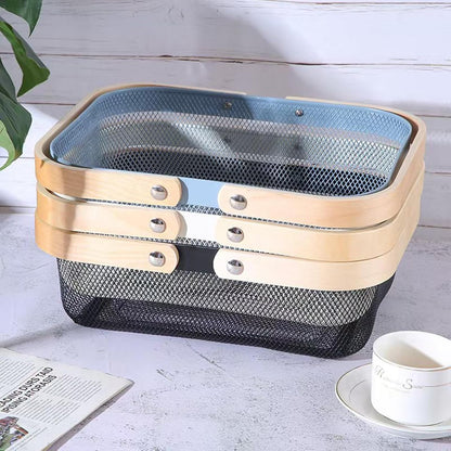 AJIODA Metal Mesh Steel Basket, Storage Organizer Basket Garden Harvest Basket Multi-functional Kitchen Fruit Baskets Bin with Wooden Handle for Bathroom Picnic Shopping Decor Cabinet Home, Pink