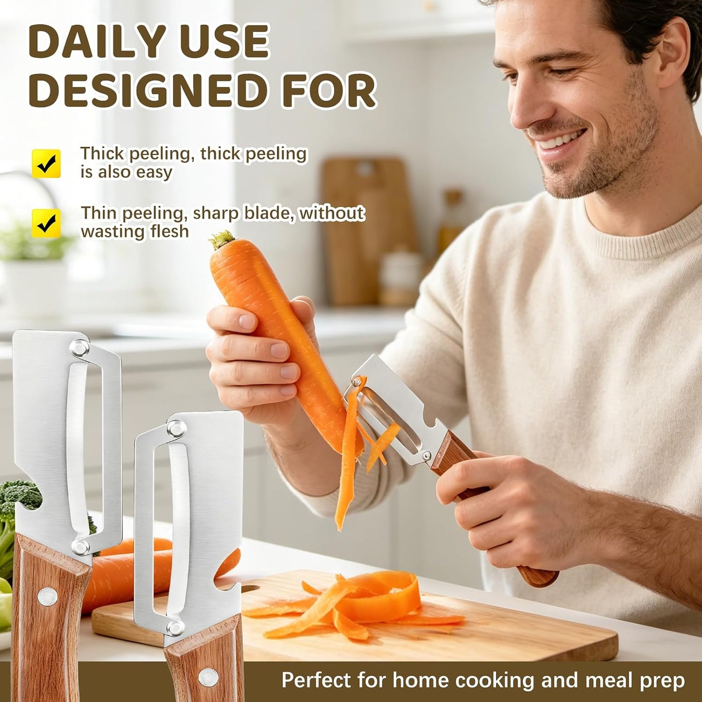 Left & Right Hand Vegetable Peeler Set with Scallion Slicer & Bottle Opener, Heavy-Duty Thick Stainless Steel Blade, Multi-Function Kitchen Peeler with Wooden Handle for Fruits & Vegetables(New 2pcs)