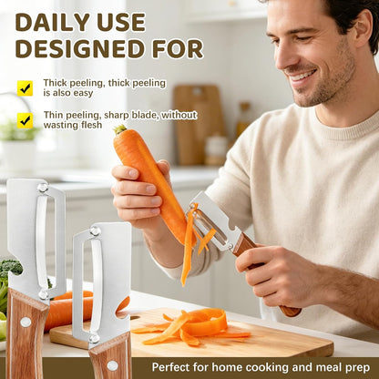 Left & Right Hand Vegetable Peeler Set with Scallion Slicer & Bottle Opener, Heavy-Duty Thick Stainless Steel Blade, Multi-Function Kitchen Peeler with Wooden Handle for Fruits & Vegetables(New 2pcs)