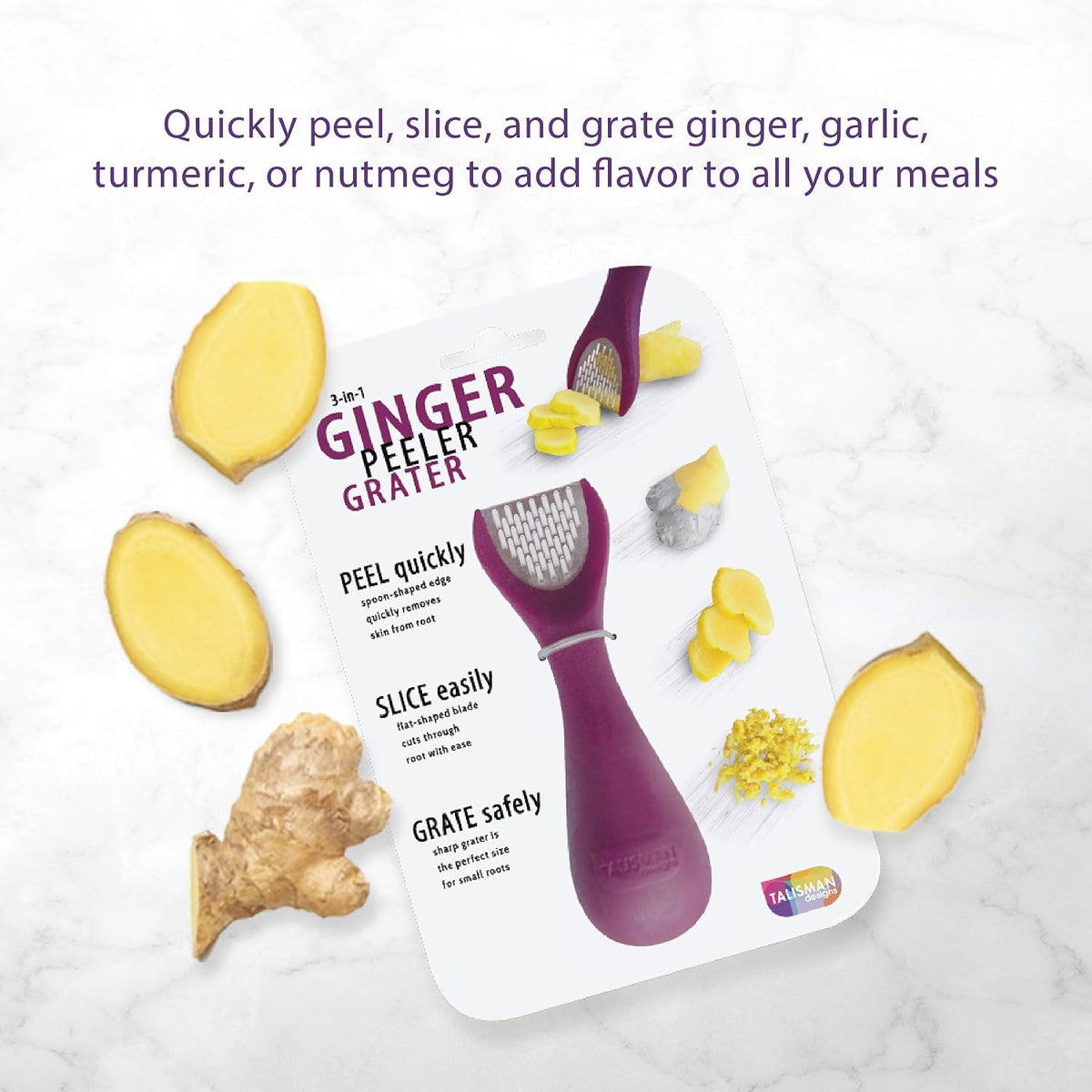 Talisman Designs 3-in-1 Ginger Peeler | Grater & Sliver | Grate Ginger, Garlic, Turmeric & Nutmeg | Easy to Use Kitchen Utensil Tool | Stainless Steel Hand Held Grater
