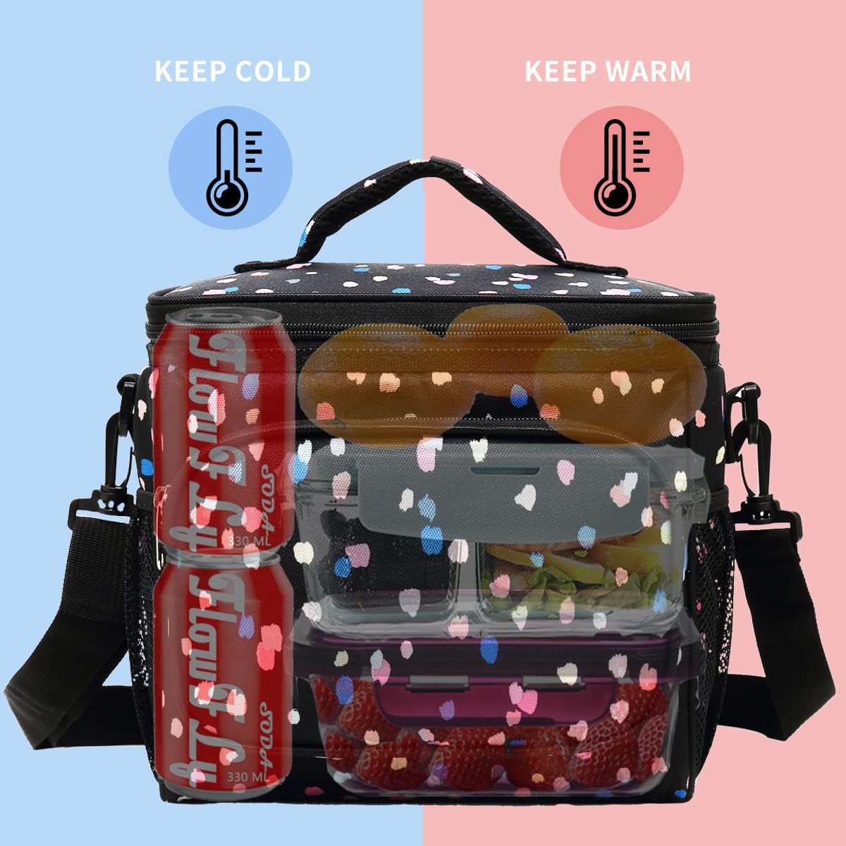 FlowFly Insulated Reusable Lunch Bag Adult Large Lunch Box for Women and Men with Adjustable Shoulder Strap,Front Zipper Pocket and Dual Large Mesh Side Pockets,Cherry - Colors A
