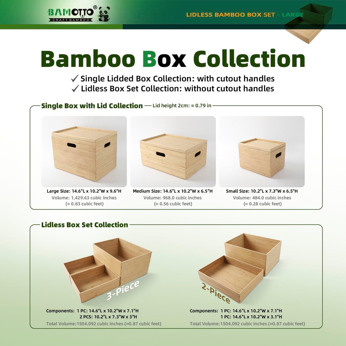 BAMOTTO CRAFTBAMBOO 2-Piece Large Bamboo Storage Box Set - 7.1in High Stackable Deep-Drawer Organizer, Lidless Bin for Kitchen Cutlery Utensils, Home & Office (14.6"x10.2"x7.1"+14.6"x10.2"x3.1")