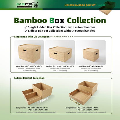 BAMOTTO CRAFTBAMBOO 2-Piece Large Bamboo Storage Box Set - 7.1in High Stackable Deep-Drawer Organizer, Lidless Bin for Kitchen Cutlery Utensils, Home & Office (14.6"x10.2"x7.1"+14.6"x10.2"x3.1")
