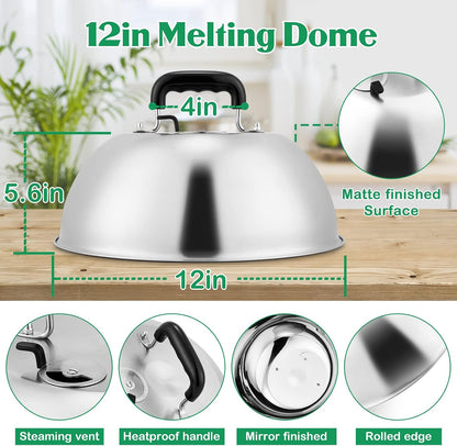 HaSteeL Cheese Melting Dome Set of 2, 12 Inch Round Basting Cover Metal Steam Cover, Stainless Steel Griddle Accessories for Flat Top Grill/Outdoor BBQ/Kitchen Cooking