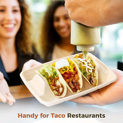 150 PCS Disposable Taco Holders, 3-Slot Bagasse Pulp Taco Plates, Plant Fiber Taco Stands with Dividers, Taco Tuesday Serving Trays for Tacos, Sandwiches, Hot Dogs, Pancakes