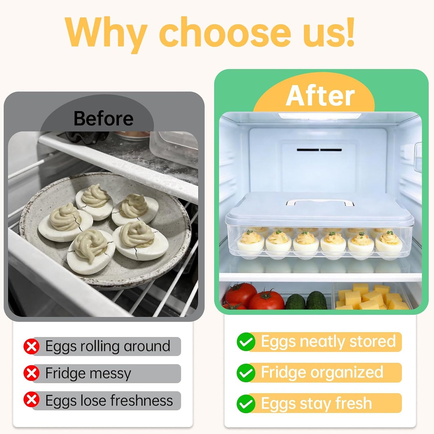 2 Pack Deviled Egg Containers with Lid, Stackable Deviled Egg Holder with Slots for 48 Eggs, Portable Clear Plastic Eggs Carrier with Handle, Perfect for Fridge Storage, Parties, Picnics, and Travel
