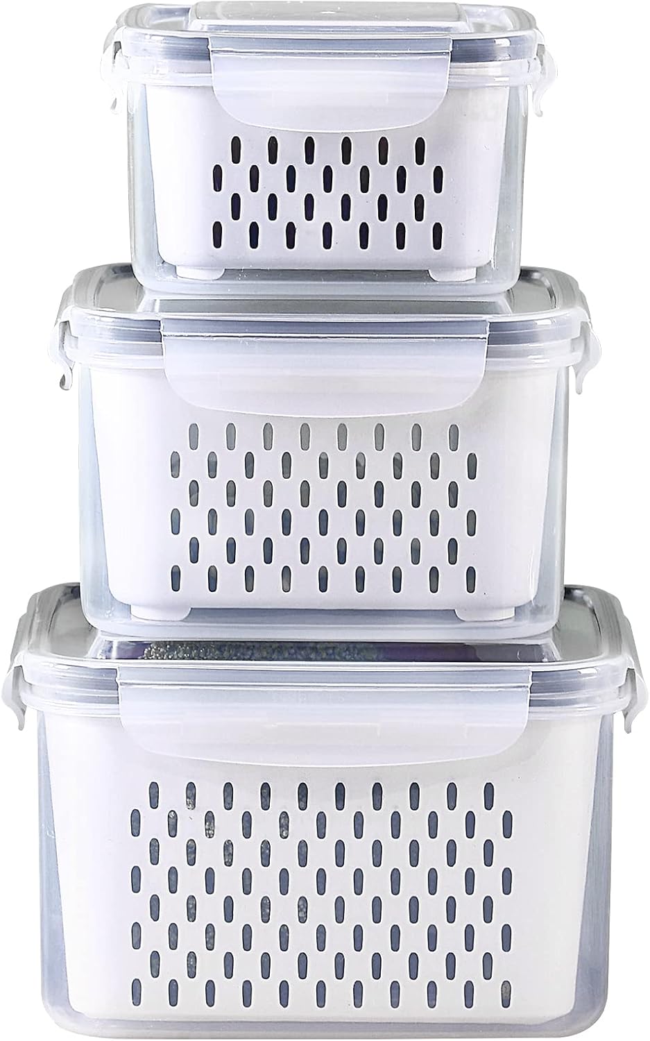 3Pack Fridge Food Storage Container Set with Lids with Strainer,Plastic Fresh Produce Saver Vegetable Fruit Meat Storage Organization, BPA-Free Plastic Produce Keepers(3.15L+1.7L+0.8L)