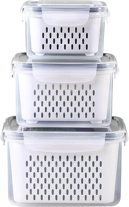 3Pack Fridge Food Storage Container Set with Lids with Strainer,Plastic Fresh Produce Saver Vegetable Fruit Meat Storage Organization, BPA-Free Plastic Produce Keepers(3.15L+1.7L+0.8L)