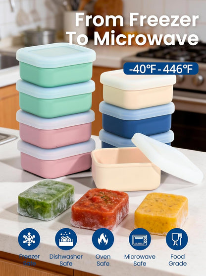 8 PCS 2 Cup Silicone Freezer Molds with Lid, Meal Prep Freezer Molds Silicone Freezer Containers Reusable Food Preserving Tray Freezing Ice Trays for Soups Sauces Stews
