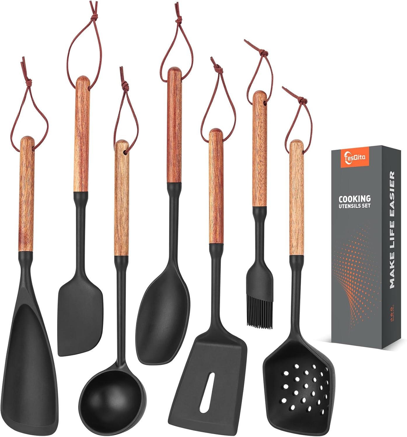 Silicone Cooking Utensils Set of 7 Pack, Wood Handle Heat-Resistant Kitchen Utensils, Non-Stick Cookware Safe - Include Spatula, Spoon, Ladle, Bowl Scraper, Basting Brush for Cooking, Baking, BBQ