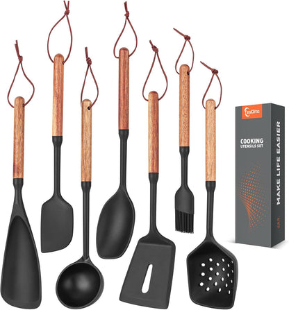 Silicone Cooking Utensils Set of 7 Pack, Wood Handle Heat-Resistant Kitchen Utensils, Non-Stick Cookware Safe - Include Spatula, Spoon, Ladle, Bowl Scraper, Basting Brush for Cooking, Baking, BBQ