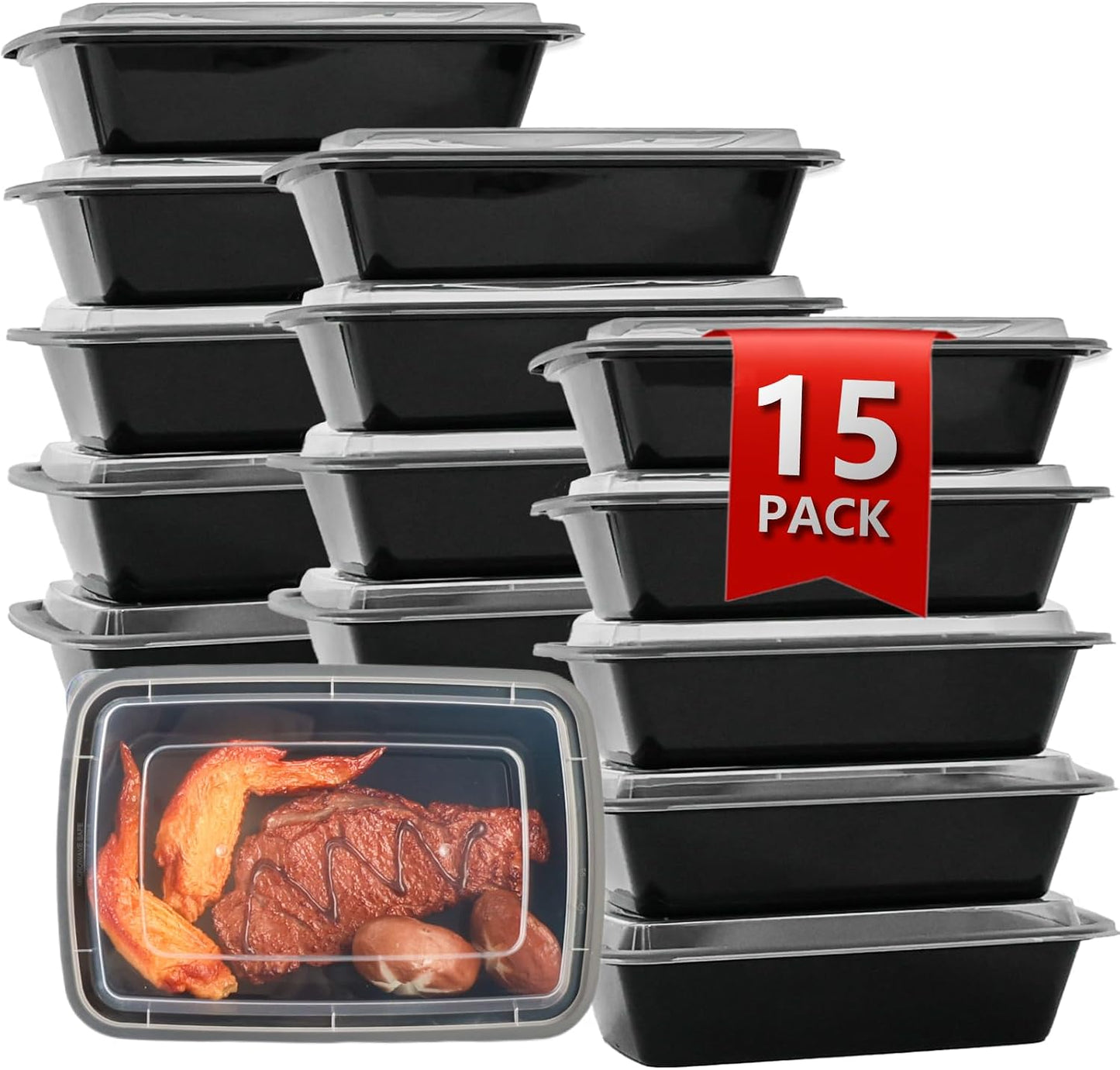 Meal Prep Containers 2 Compartment 15 Pack, 28 oz Divided Reusable Food Storage Containers with Lids Takeout Food Storage Containers Black, Microwave Dishwasher Freezer Safe, Stackable, BPA Free