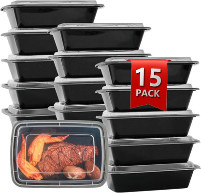 Meal Prep Containers 2 Compartment 15 Pack, 28 oz Divided Reusable Food Storage Containers with Lids Takeout Food Storage Containers Black, Microwave Dishwasher Freezer Safe, Stackable, BPA Free