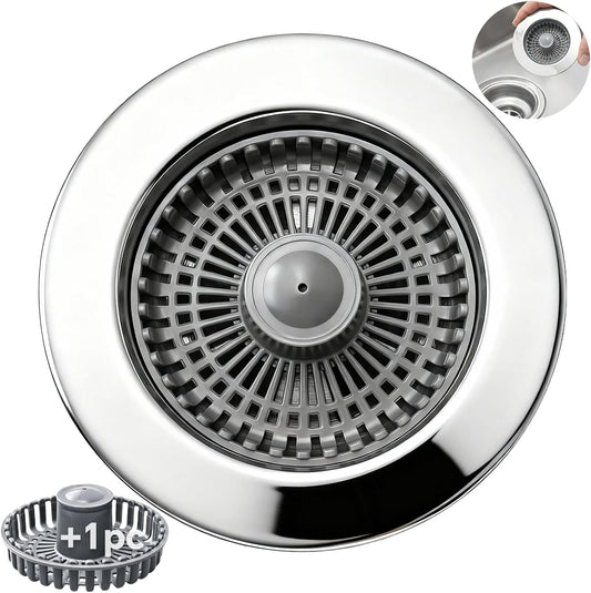 Solid Brass Body 3-in-1 Kitchen Sink Drain Strainer & Stopper, Heavy Duty Pop Up Plug Assembly with 2 Baskets, Anti-Clog Replacement for US Standard 3-1/2 Inch Drains, Rust-Proof Silver