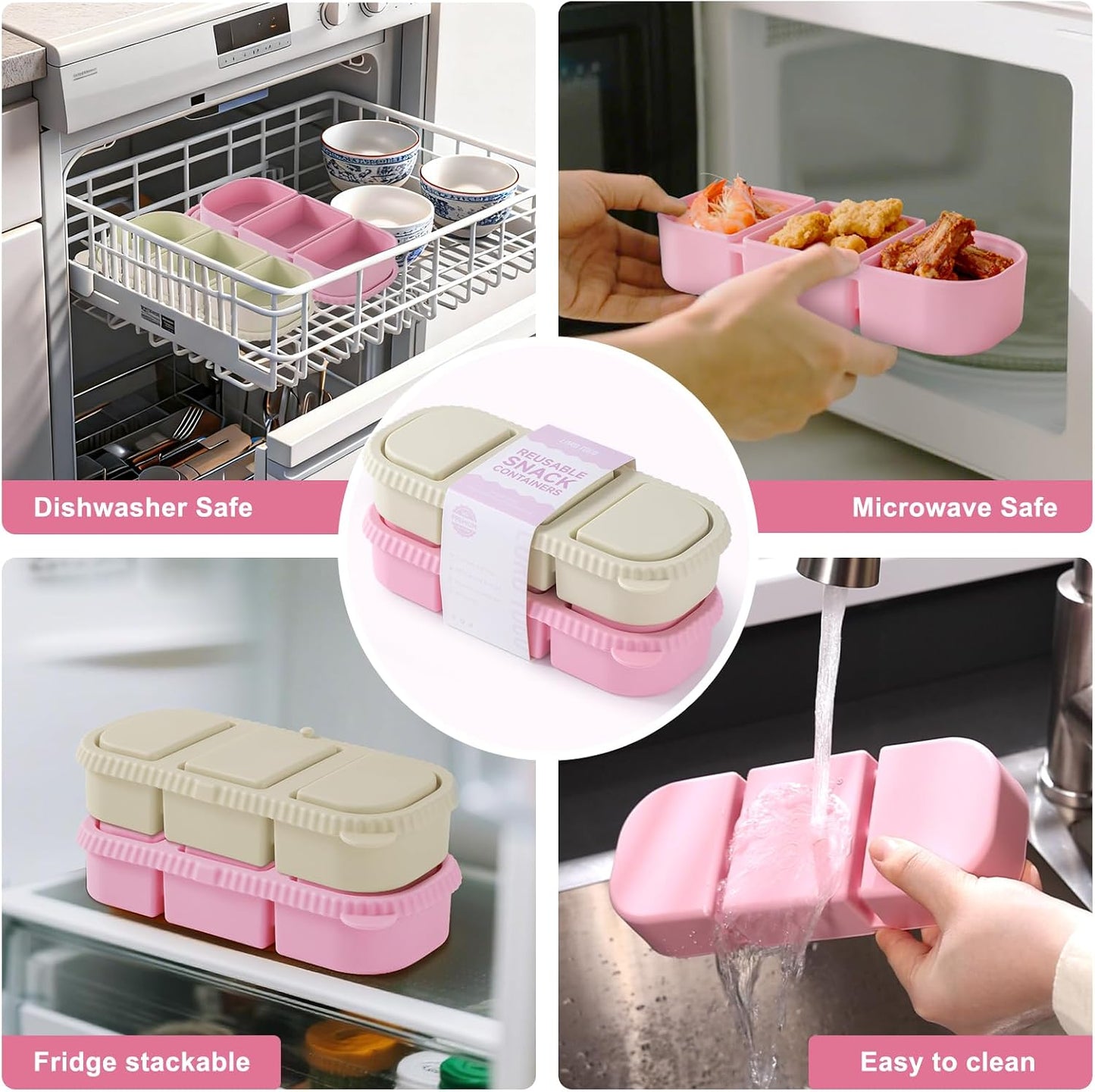 Silicone Reusable Snack Containers with Lids, 4 Pack 3 Compartment Bento Snack Boxes, Leakproof Food Storage Containers for Meal Prep, Lunch, Fruits, Kids & Adults, Dishwasher Safe