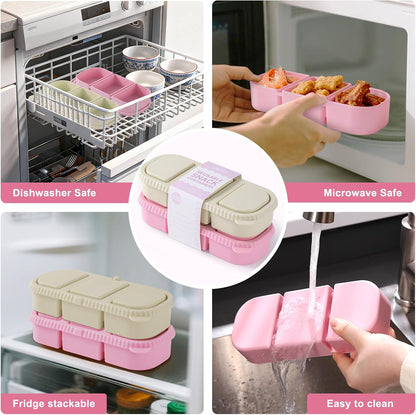 Silicone Reusable Snack Containers with Lids, 4 Pack 3 Compartment Bento Snack Boxes, Leakproof Food Storage Containers for Meal Prep, Lunch, Fruits, Kids & Adults, Dishwasher Safe