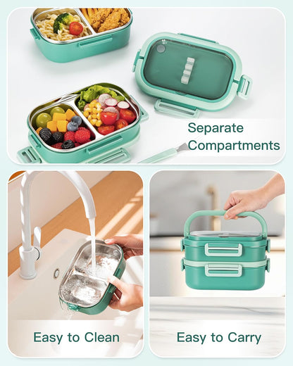 Lille Home 28oz Stainless Steel Leakproof 2-Compartment Bento Lunch Box/Portion Control Food Container with Lunch Bag and Cutlery Set, BPA Free (pink)