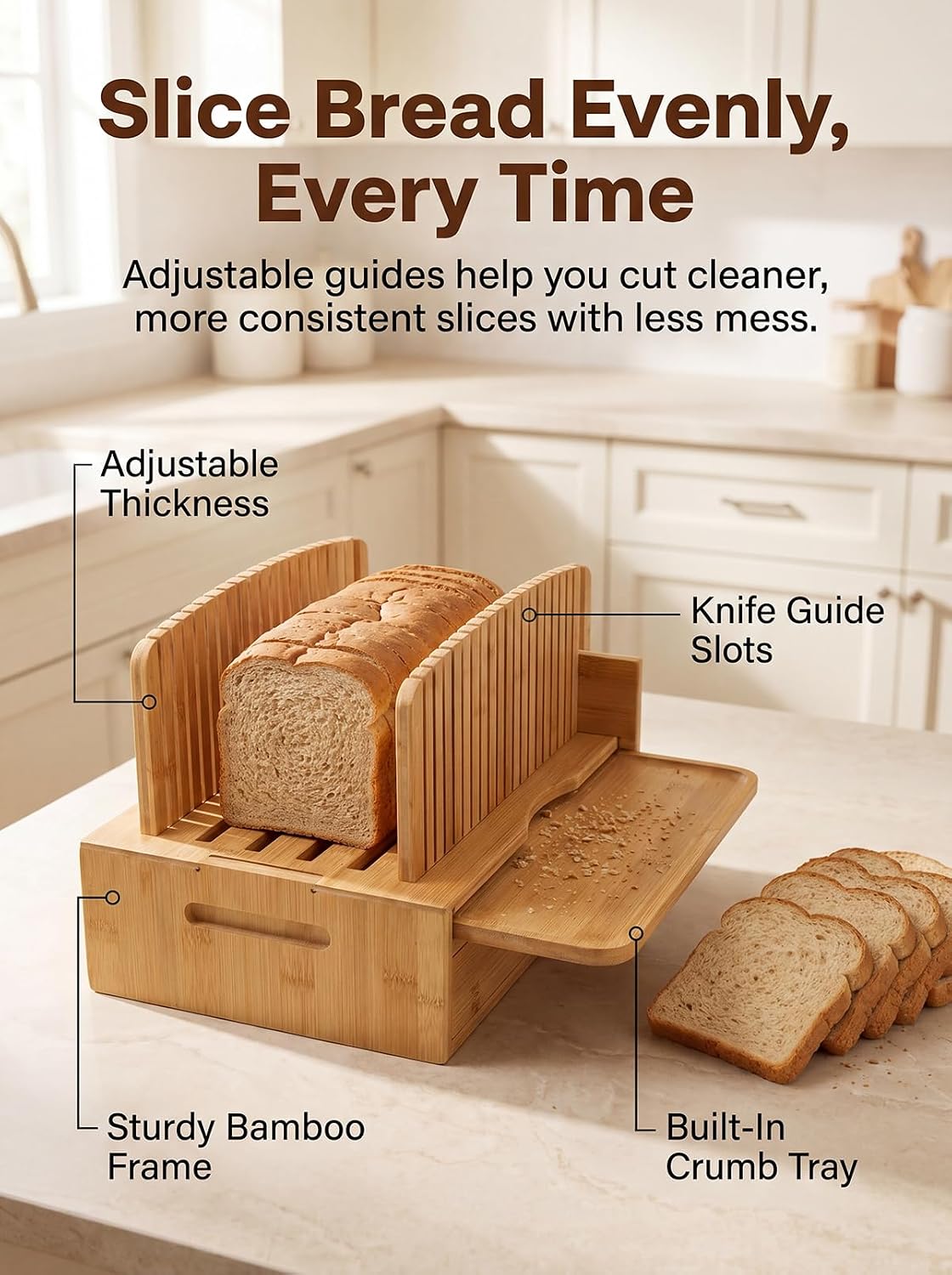 Natural Bamboo Bread Slicer, Bread Slicer Guide for Homemade Bread, Foldable Space-Saving Loaf Guide with Crumb Tray, Adjustable Thickness for Even Slices, Sturdy Cutter for Sourdough and Toast