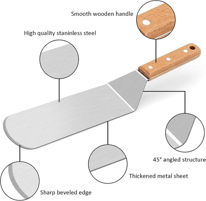 Metal Spatula Set, HaSteeL Stainless Steel Griddle Spatula Tools Kit with Wooden Handle, Heavy Duty Long Pancake Flipper Burger Turner for BBQ Teppanyaki Flat Top Grilling Cooking Outdoor & Indoor