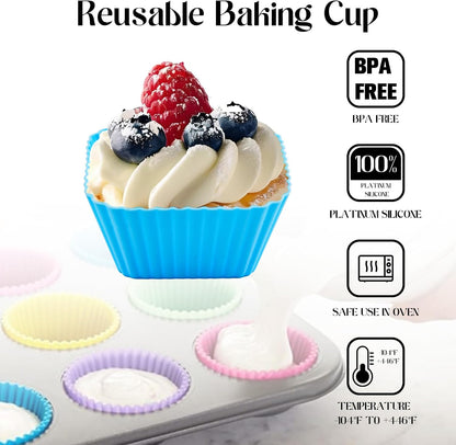 12 Pack Reusable Baking Silicone Molds, Round Cupcake Liners, Silicone Baking Cups Multicolor, Easy Clean, Heat Resistant, Muffin Cups for Homemade Birthday