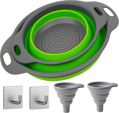 UVB Collapsible Colander Set, Space-Saving Foldable Kitchen Strainer for Pasta, Vegetables & Fruit, Colander for Kitchen with 2 Stainless Steel Hooks & Silicone Funnel – Blue