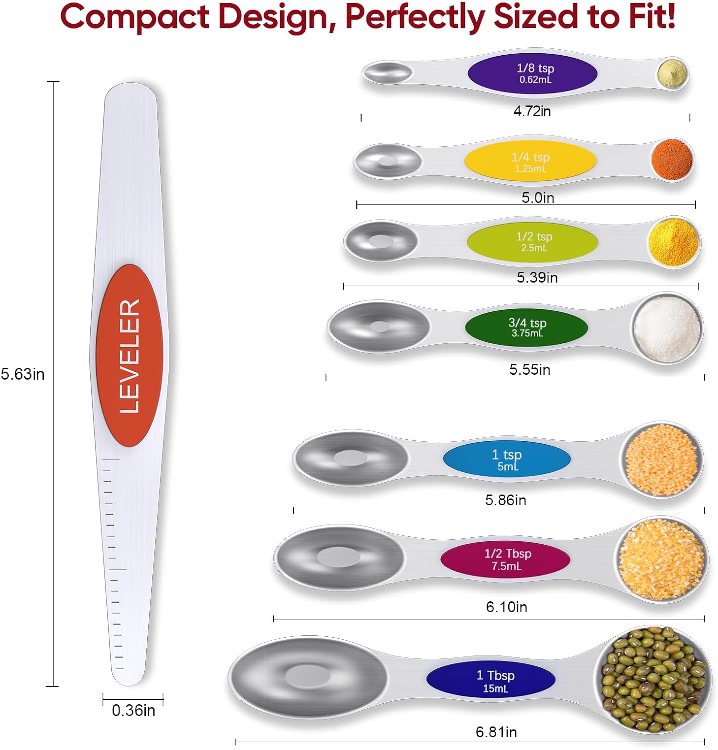 Magnetic Measuring Cups and Spoons Set, Strong N52 Magnets, Heavy Duty 304 Stainless Steel Fits in Spice Jars for Baking & Cooking, BPA Free, Round Set of 15 with Leveler Black