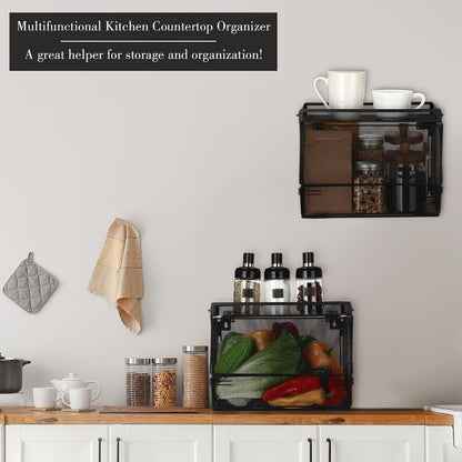 Teenyyou 2 Pcs Stackable Mesh Fruit Basket with Lid Wall Produce Vegetable Storage Basket Onion Potato Hanging Metal Wire Container for Kitchen Counter Pantry(Non-removable,Black,8.3" w & 13.8" l)