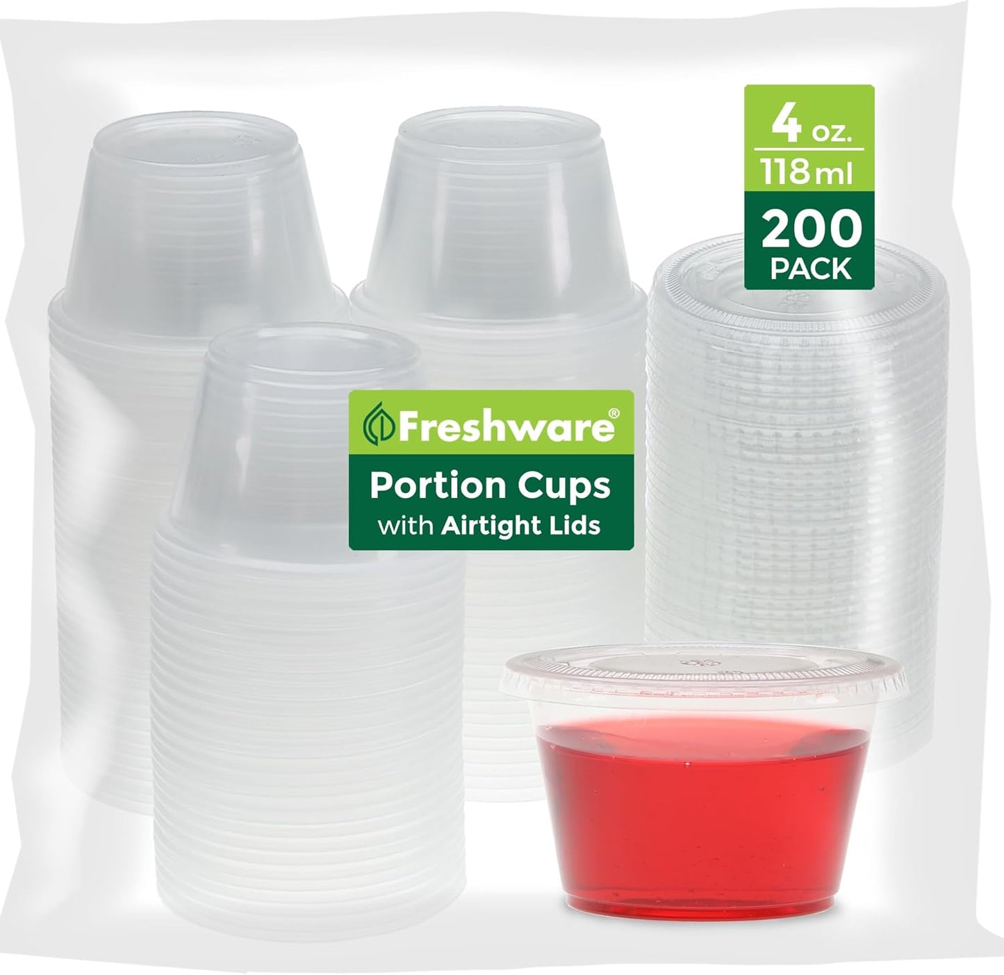 Freshware Plastic Portion Cups with Lids [2 Ounce, 200 Sets] Disposable Plastic Cups for Meal Prep, Salad Dressing, Jellos Shot Cups, Souffle Cups, Condiment and Dipping Sauce Cups