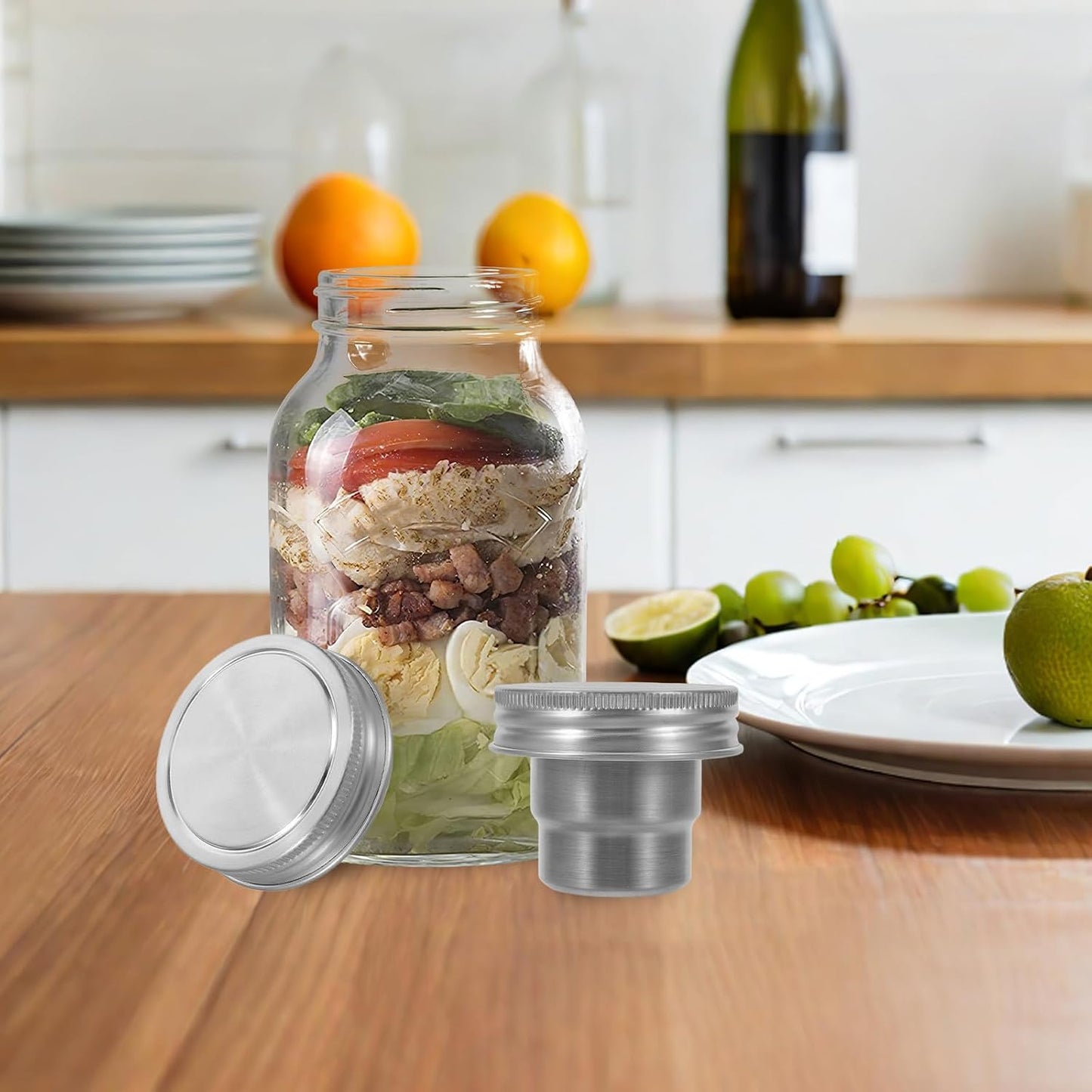 Ipetboom 2 Sets Mason Jar Divider Cup with Stainless Steel Lid - 70ml Meal Prep Salad Dressing Container Insert for Veggies Snacks Sealing Lid Fits Regular Mason Jars