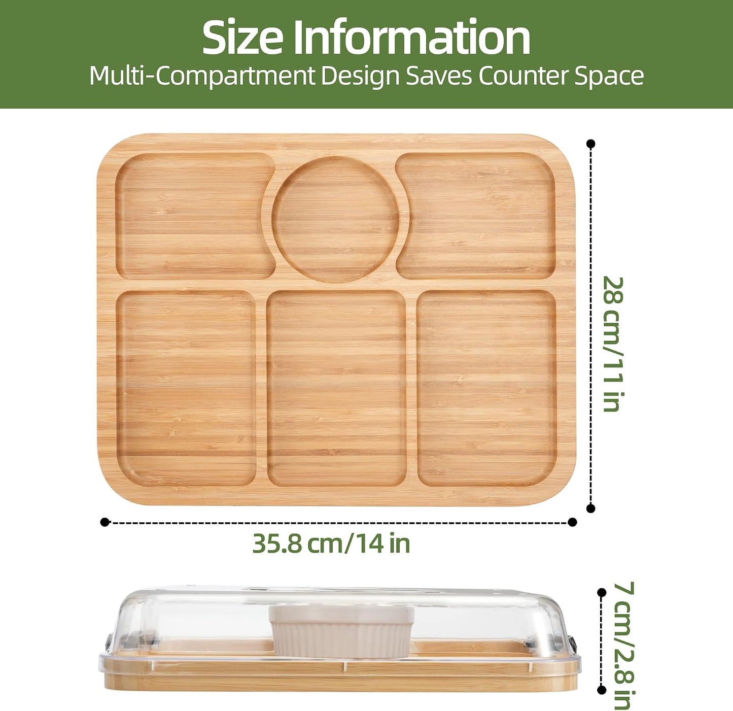 YANG Charcuterie Board with Lid, Divided Bamboo Serving Tray with Handle & Locking Lid, Portable Serving Platter for Party Outdoor Picnics Camping Gift Ready (6 Compartments,Rectangular)