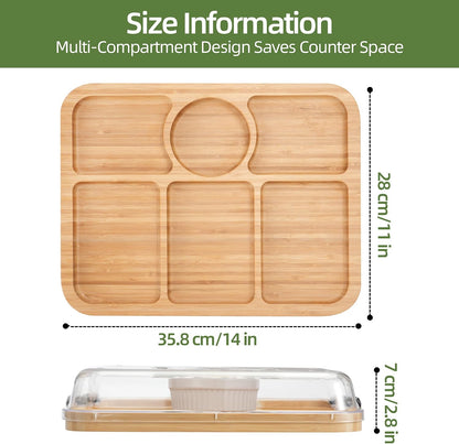 YANG Charcuterie Board with Lid, Divided Bamboo Serving Tray with Handle & Locking Lid, Portable Serving Platter for Party Outdoor Picnics Camping Gift Ready (6 Compartments,Rectangular)