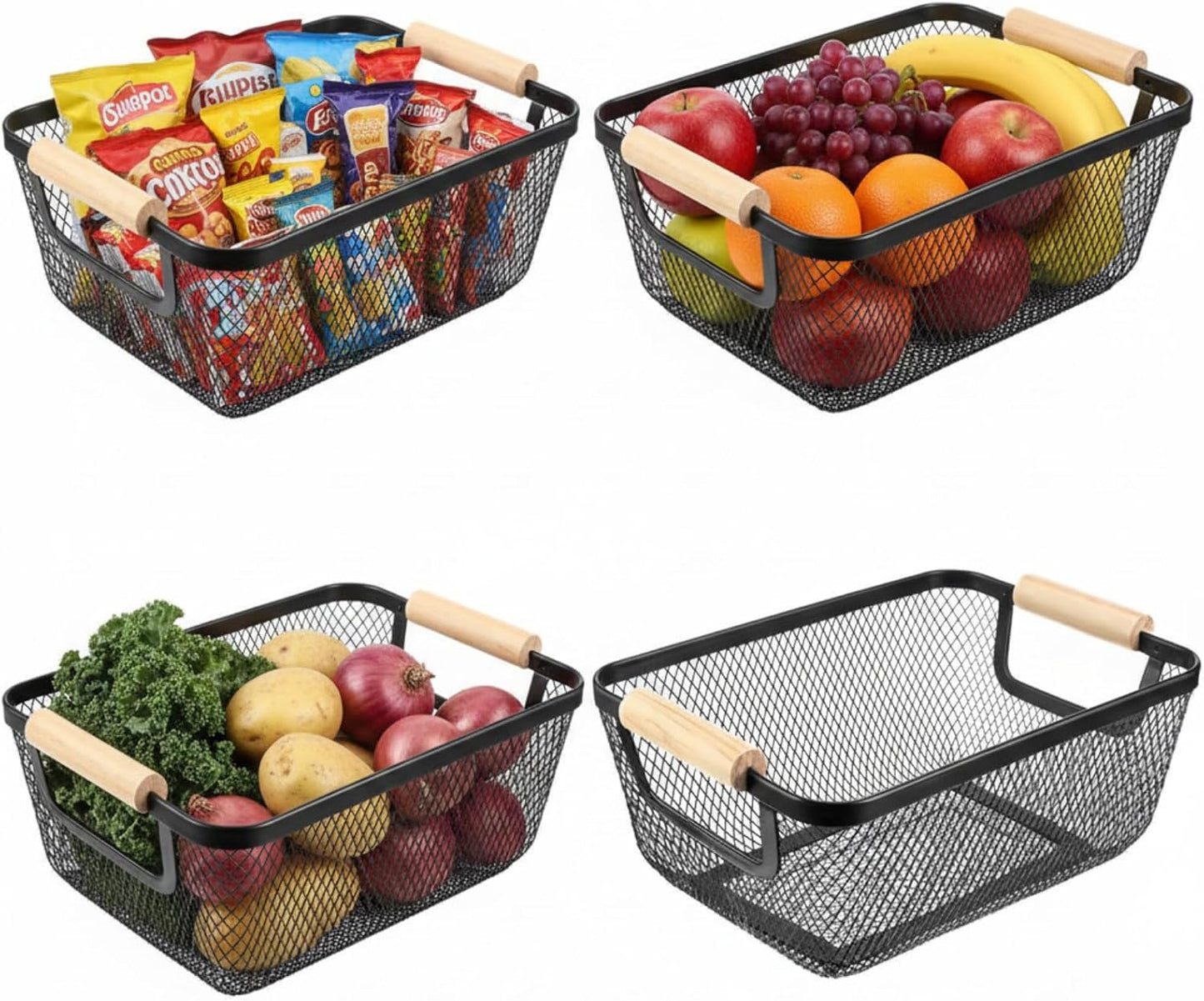 Ziliny 4 Pcs Metal Mesh Wire Baskets with Wooden Handles for Organizing, Pantry Organizers and Storage Steel Bin Kitchen Baskets for Fruit Potato Onion Snacks Bathroom Cabinet(Medium,Cream White)