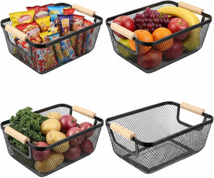 Ziliny 4 Pcs Metal Mesh Wire Baskets with Wooden Handles for Organizing, Pantry Organizers and Storage Steel Bin Kitchen Baskets for Fruit Potato Onion Snacks Bathroom Cabinet(Medium,Cream White)