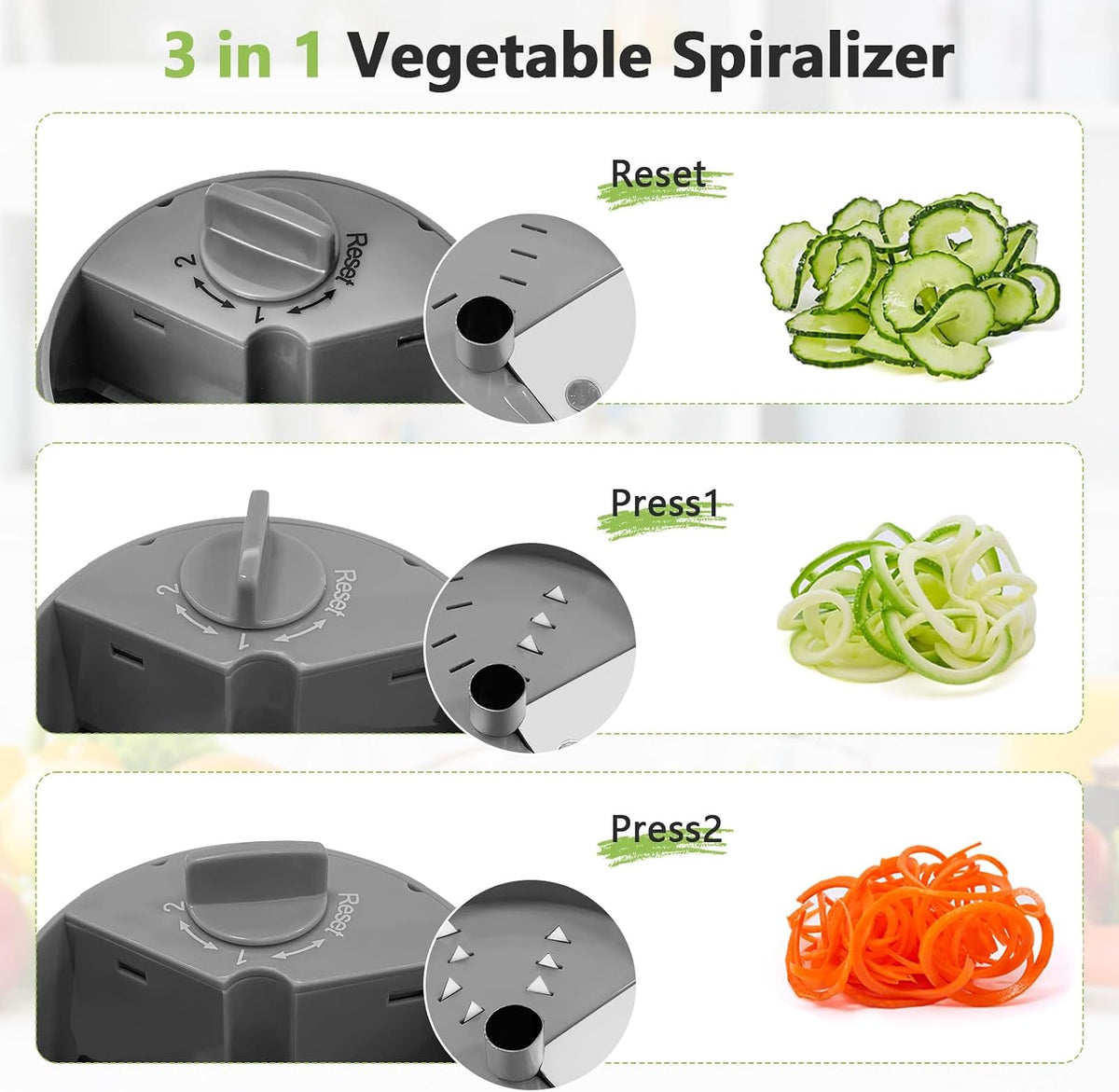 3-in-1 Vegetable Spiralizer Slicer, Adjustable Mandoline Spiral Cutter for Zucchini Noodles, Carrots, Cucumber (Green)