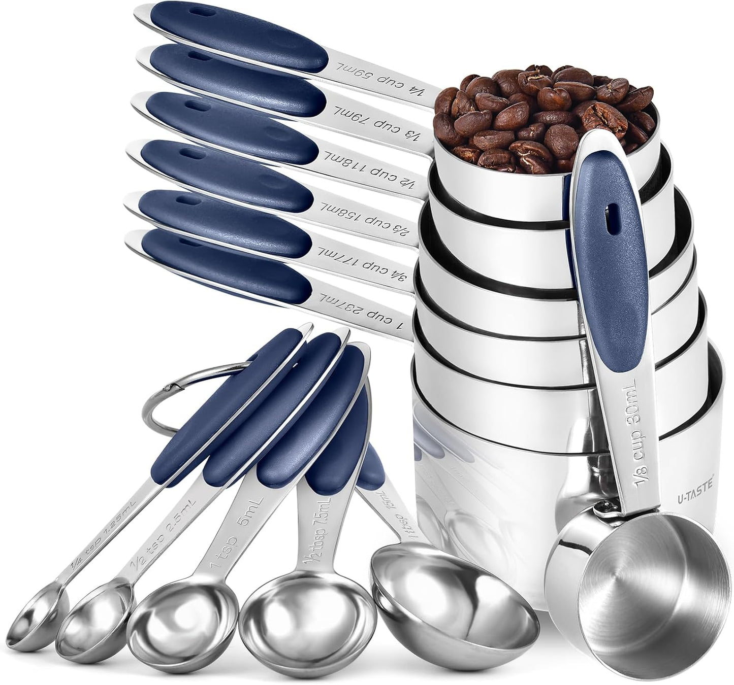 U-Taste 12 Piece Measuring Cups and Spoons Set in 18/8 Stainless Steel : 7 Measuring Cups & 5 Measuring Spoons