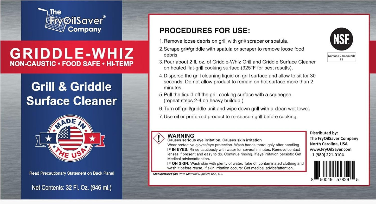 Griddle-Whiz Grill & Griddle Cleaner | Removes Grease, Food Residue, Burnt On Organics | Non-Toxic High Heat Flat Top Grill Cleaner & Food Contact Surface | Non-Caustic Formula by FryOilSaver (32oz)